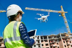 immagine di un operaio che utilizza un drone in cantiere